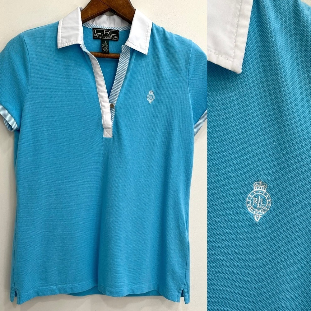 Ralph Lauren active blue white striped short sleeve polo crest preppy cotton S